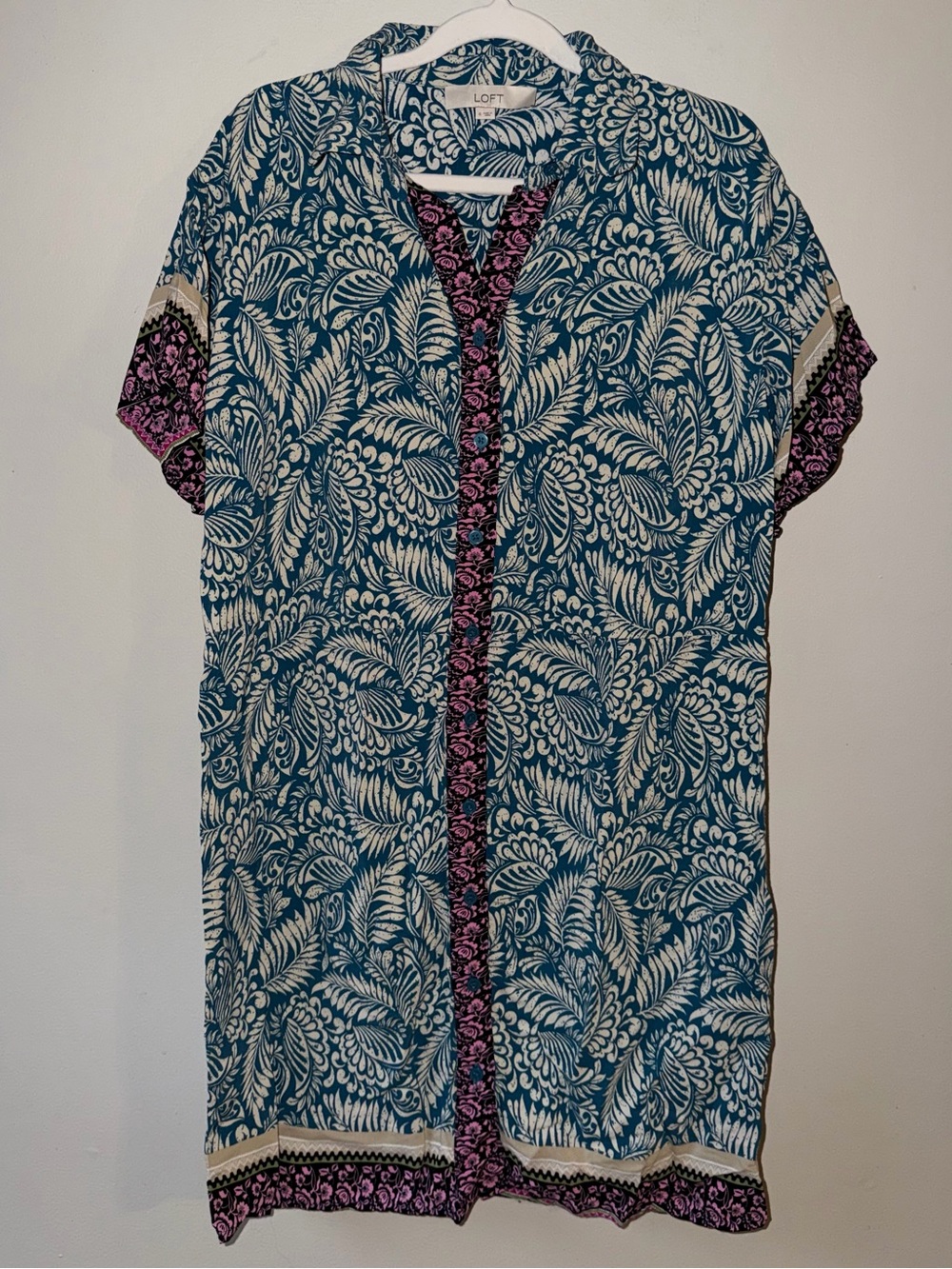 LOFT Teal Floral Paisley Button Front Shirt Dress Tunic